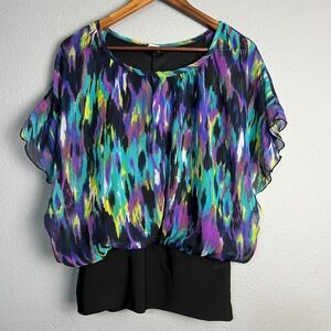 Cocomo Colorful‎ Blouse Tank Top Sheer Overlay Ruffle Sleeve Party Festival Sz L